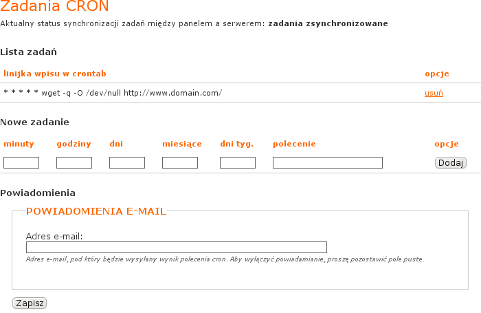 formularz zarządzania zadaniami CRON